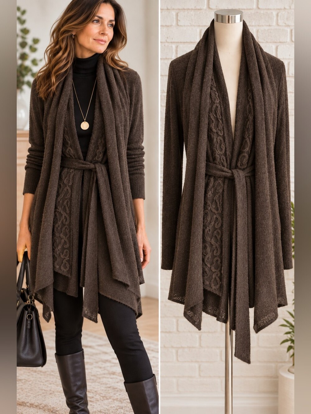 Sarah Pacini Alpaca Merino Wool Wrap Cardigan Earthy Brown Long Open Front